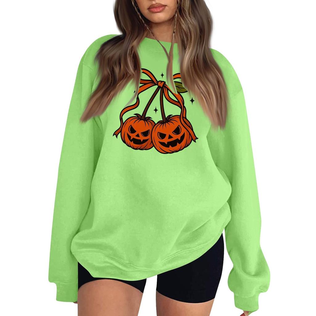 Women's Comfortable Sweatshirt Casual Loose Fit Round Neck Long Sleeve Pullover, Color with Halloween Small Print