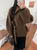 Retro Camel-Hair Short Wool Coat with Belt