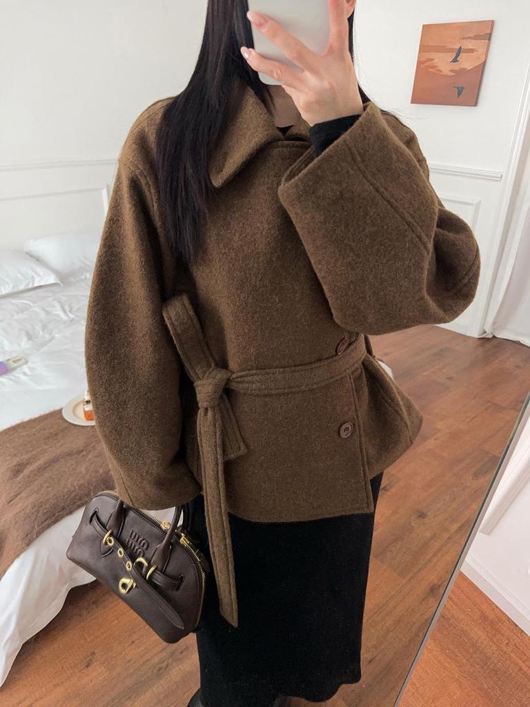 Retro Camel-Hair Short Wool Coat with Belt