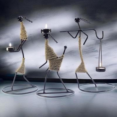 Iron Tealight Holder Set – Handcrafted Metal Worker Figurines with Jute Wrap, 12-Inch – Decorative Candle Holders for Home, Festivals, and Gifts