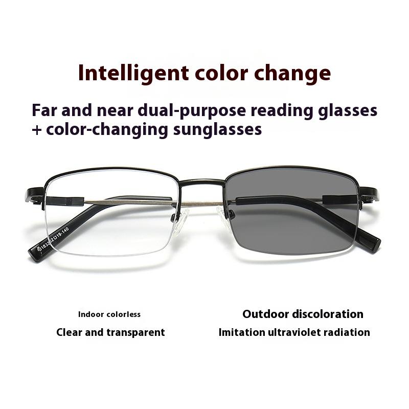 Multifocal Color Changing Presbyopia Glasses, Male Intelligent Zoom High-Definition Half Frame Presbyopia Glasses