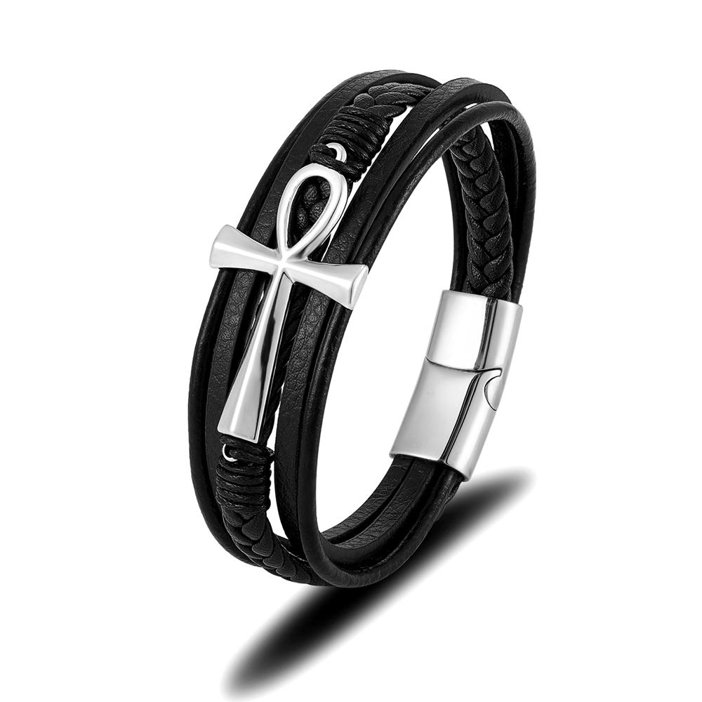 Simple Classic Cross Egyptian Ankh Life Symbol Antique Multilayer Leather Bracelet Men 316L Magnetic Clasp Wrap Bangle