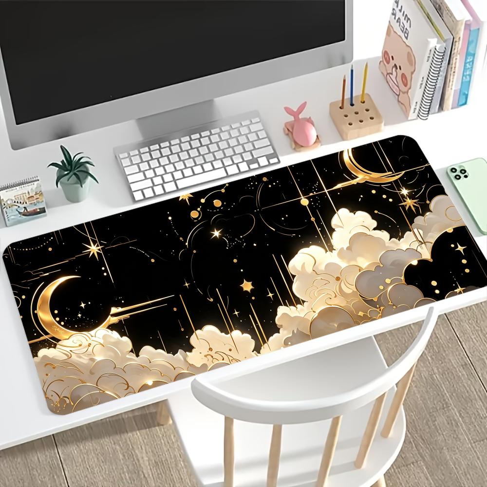 Starry Moon Cloud Large Extended Gaming Mouse Pad Non Slip Desk Surface Golden Night Sky Print For Gaming And Office Use