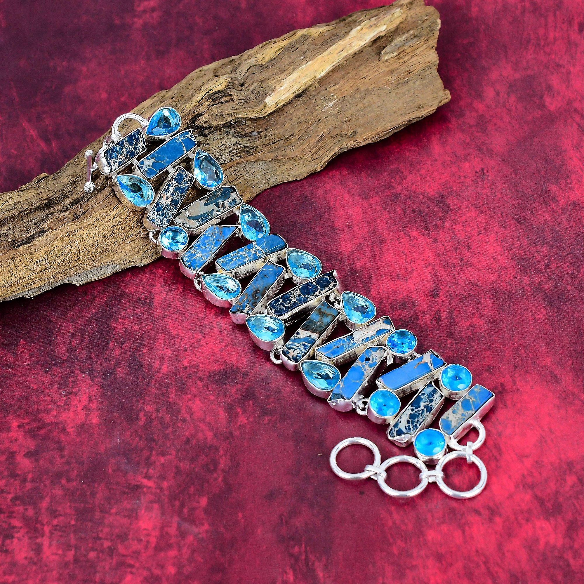 

Blue Sea Sediment & Blue Topaz 925 Solid Sterling Silver Bracelet with Adjustable Chain, Handmade Gemstone Jewelry Bracelet For Memorial Day