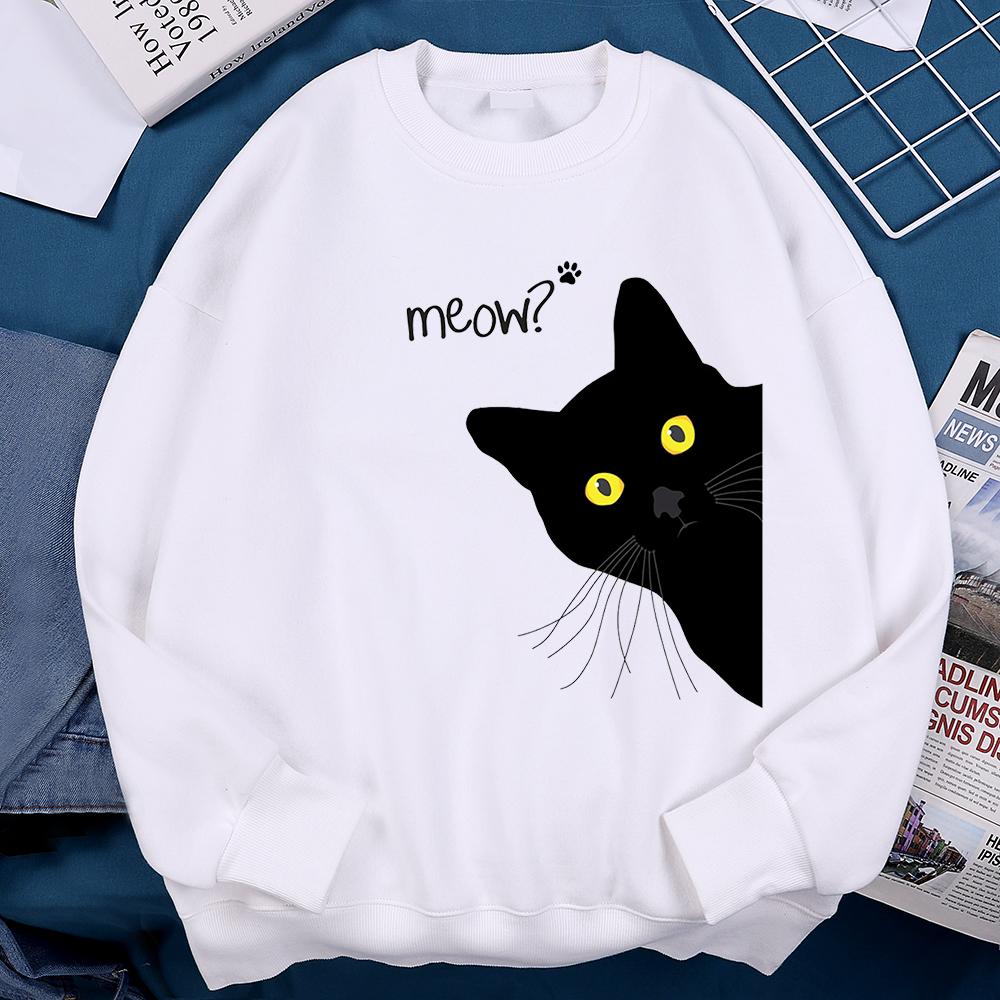 Fun Cat Diagram Print Pullovers Autumn Basics Loose Street Women Clothing Fashion Oversize Versatile Daily Warm Long Sleeved Crew Neck Pullover