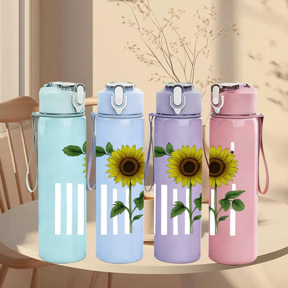 1PC Sunflower Single Stem Floral Print 750ml Color Plastic Sports Water Bottle Leakproof Flip Straw Lid Suitable for Sports Office Home Use