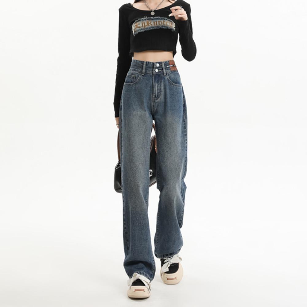 

Весенне-осенние новые корейские джинсы женские с высокой талией облегающие широкие брюки женские универсальные простые кожаные брендовые прямые брюки 2XL сине серый