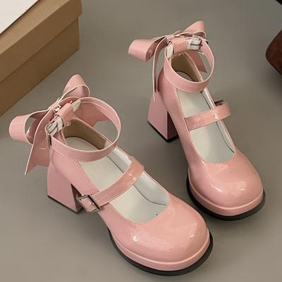 Mode Printemps Femmes Nouvelles Chaussures Simples Bout Rond Peu Profond Nœud Semelle Épaisse Antidérapante Résistante à l'Usure Talon Haut Chaussures Mary Jane