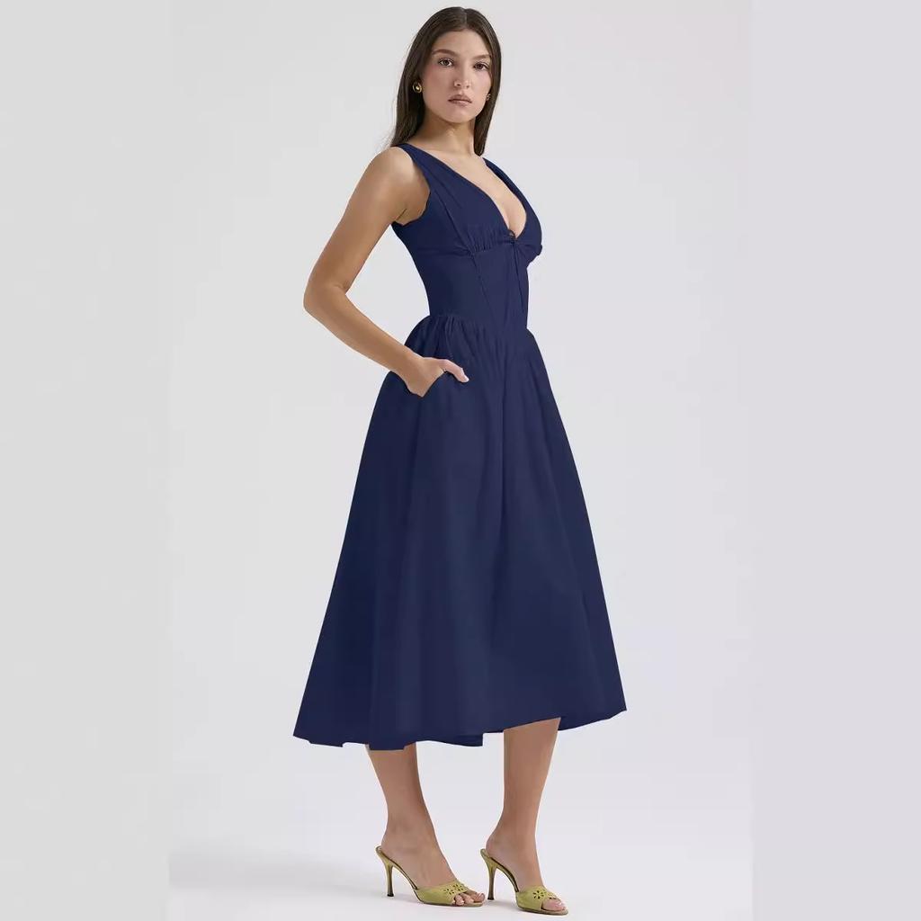 2026 summer new slim-fit suspender long dress style fashion printing V-neck temperament dress