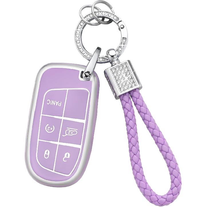 PIFOOG Key Fob Cover for Jeep Cherokee Grand Cherokee Compass Renegade Accessories Purple Bling Keychain 5 Button Car Keys Case Shell Full Covers