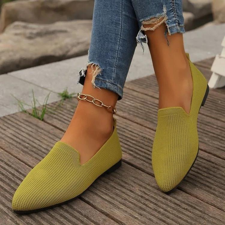 Women Solid Color Pointed Head Mesh Loafers Shallow Woman Flats Soft Bottom Knit Ballet Flats Shoes Casual Slip On Boat Shoes