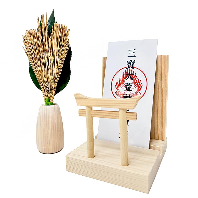 

A&K Shinto Shrine with Torii Gate, Small Round Sakaki Tree (Matsukin), and Set of Shinto Accessories [Made with Fresh Leaves] (Preserved with