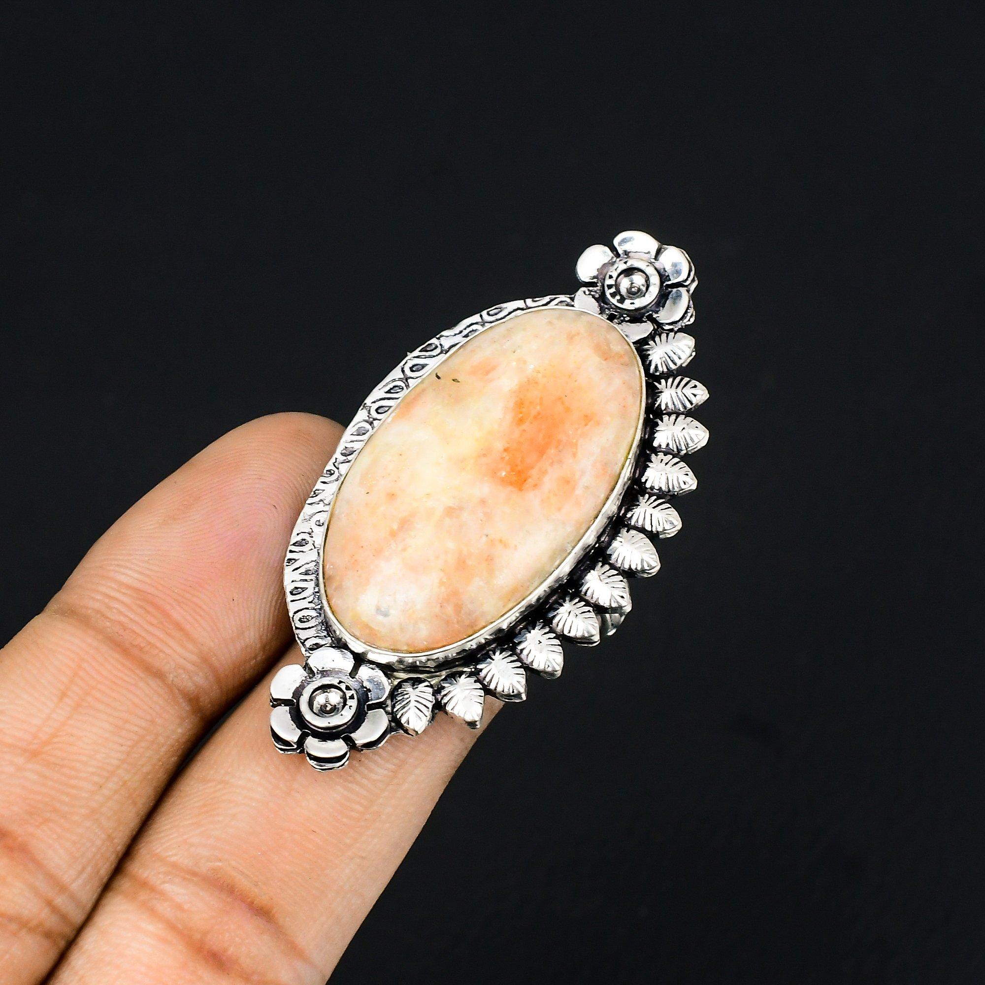 Sterling Silver Natural Sunstone Statement Flower Promise Ring Jewelry Size 7.5 7.5