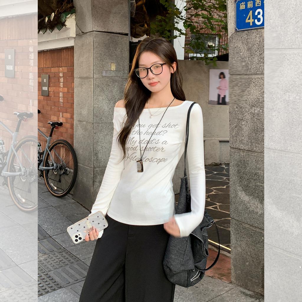 White One-letter Collar Slanted Shoulder Letter Printing Long-sleeved T-shirt Autumn New Bottoming Shirt with Ambient  Women