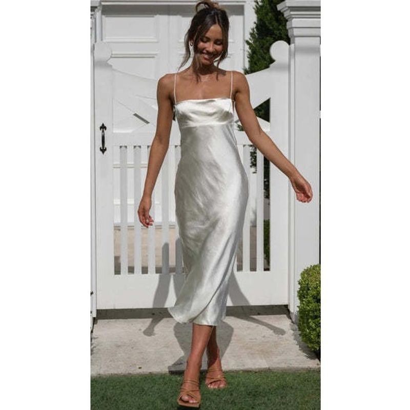 2024 Summer Versatile Women's Clothing Fashion Holiday Suspender Skirt White Sexy Open Back Temperament Split Dress