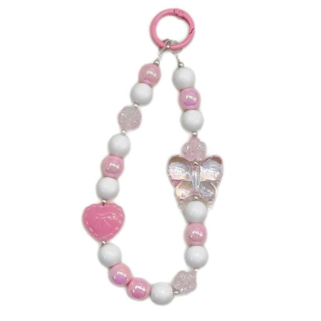 Random Color Beaded Phone Chain with Crystal Butterfly Keychain Pendant