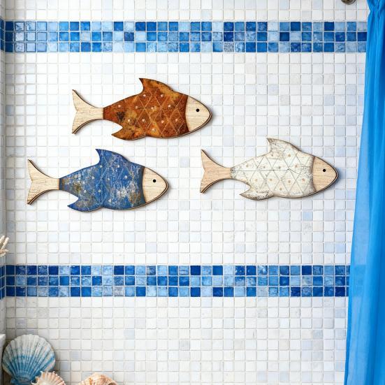 3Pcs/Set Wooden Fish Wall Decor Coastal Wall Art Fish Rustic Fish Wall Art Decoration for Bathroom Bedroom Ocean-Themed Room Lake House