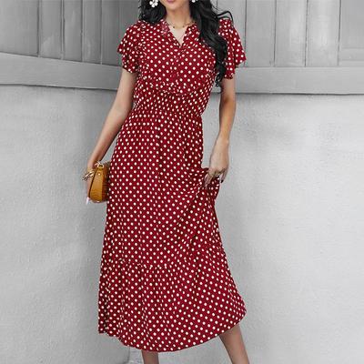 Women's Summer V Neck Short Sleeve A Line High Waist Slim Swing Dot Print Chic Long Dress S-XL