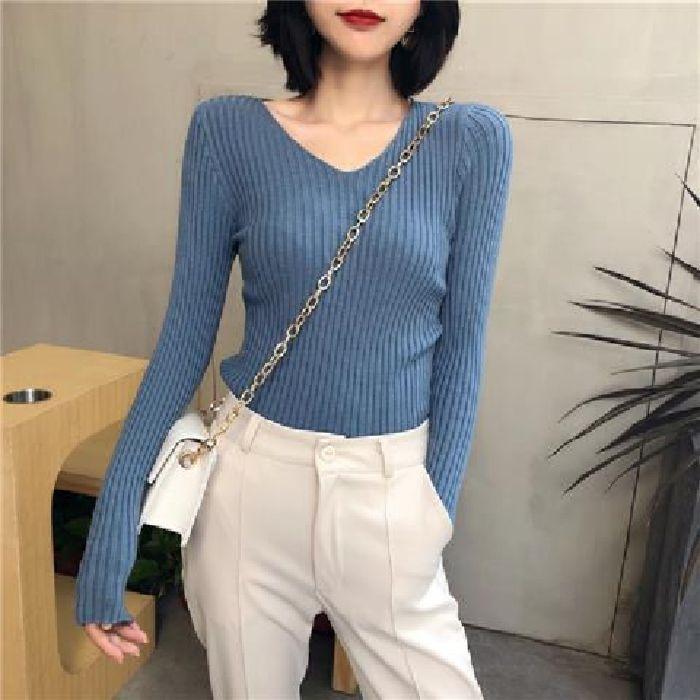 V-neck Women's Knitted Sweater, Long-sleeved, Versatile Base Layer Sweater