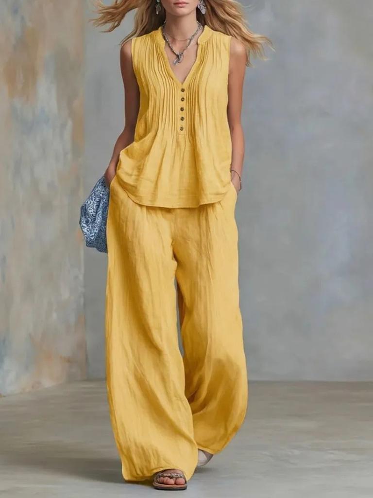 Women's Fashion Casual Solid V-Neck Ruched Loose Sleeveless Casual Wide Leg Pants Two Piece Set