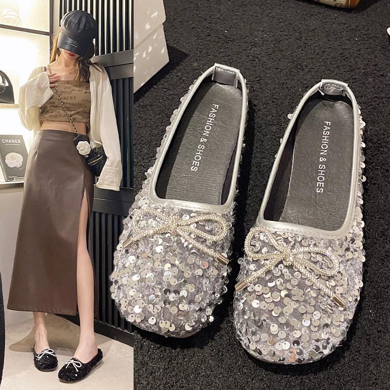 Elegant Women's Leather Shoes Comfort Autumn Casual Female Sneakers Square Toe Flats Comfortable Boat Moccasin Fall New Glitter
