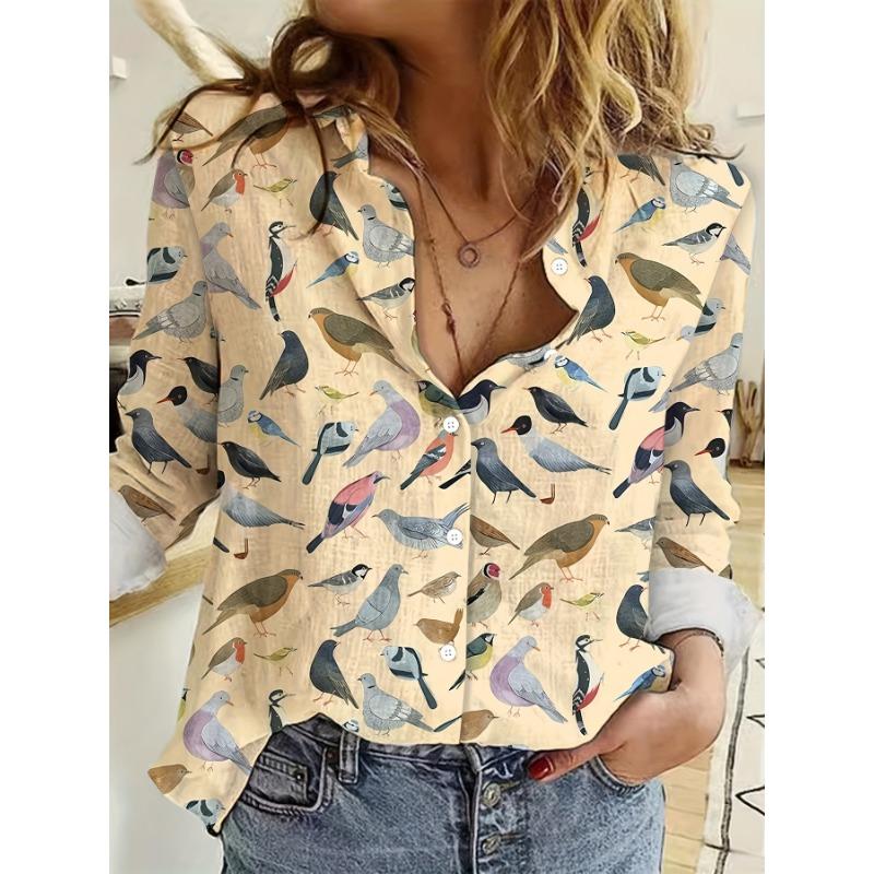 Women'S Fashion Printed Long Sleeve Collared Shirt