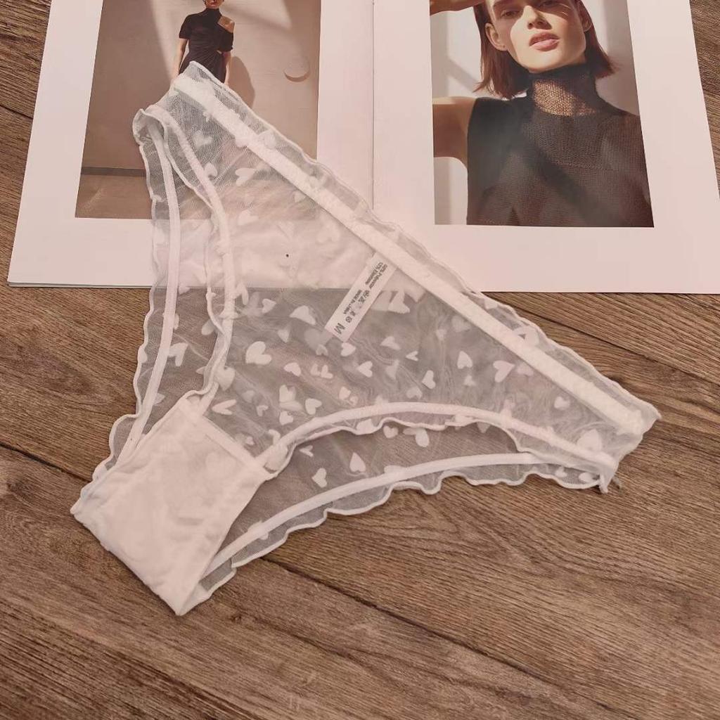 Lace panties women's sexy mesh love flocking panties pure cotton crotch hip lift low waist briefs underpants
