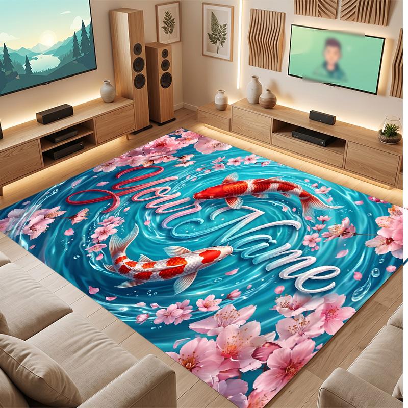Koi Fish Theme Soft Crystal Velvet Rug Custom Name & Text Print Non Slip Floor Rug for Bedroom Living Room