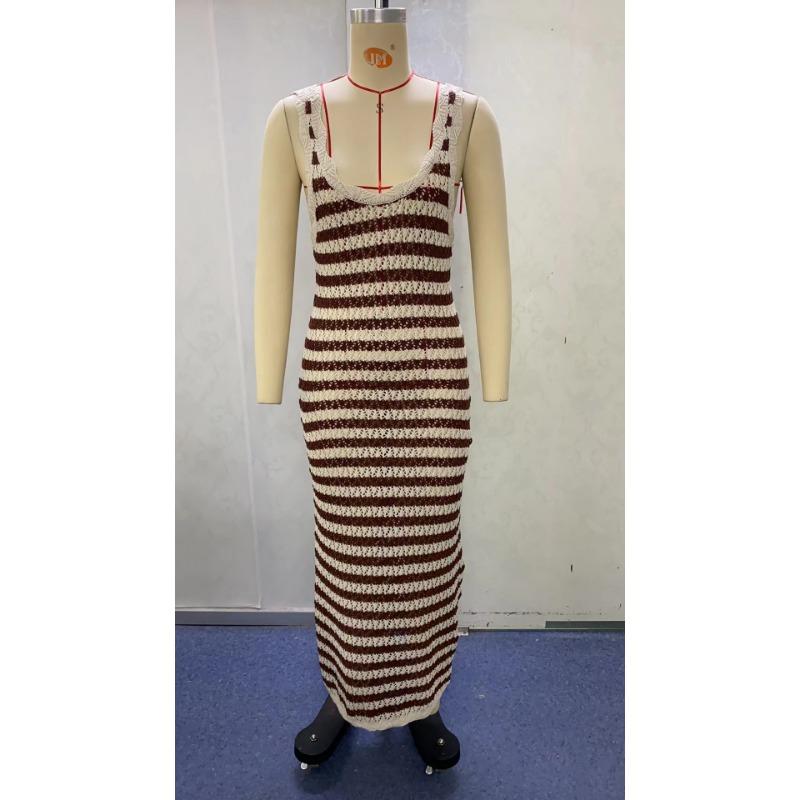 Summer Women's V-neck Sleeveless Striped Knit Backless Temperament Sexy Long Dresses