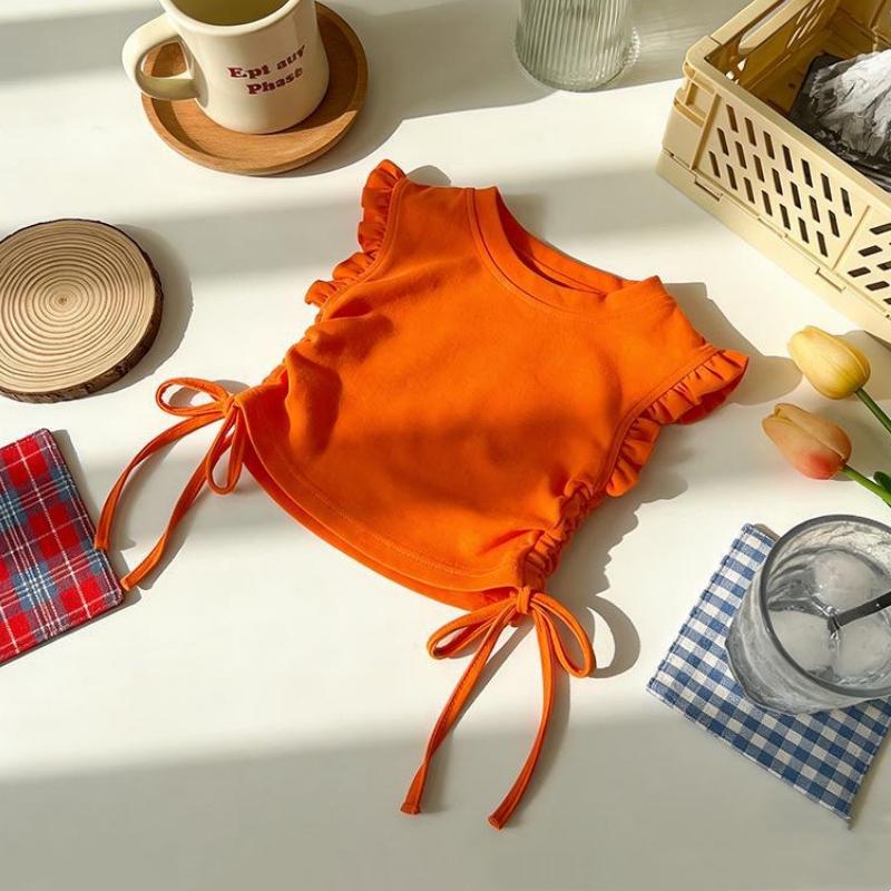 Summer Short-sleeve Tops Girls' Clothes Korean Version Basic and Simple T-shirt Children's Clothing Solid Color Sleeveless Top