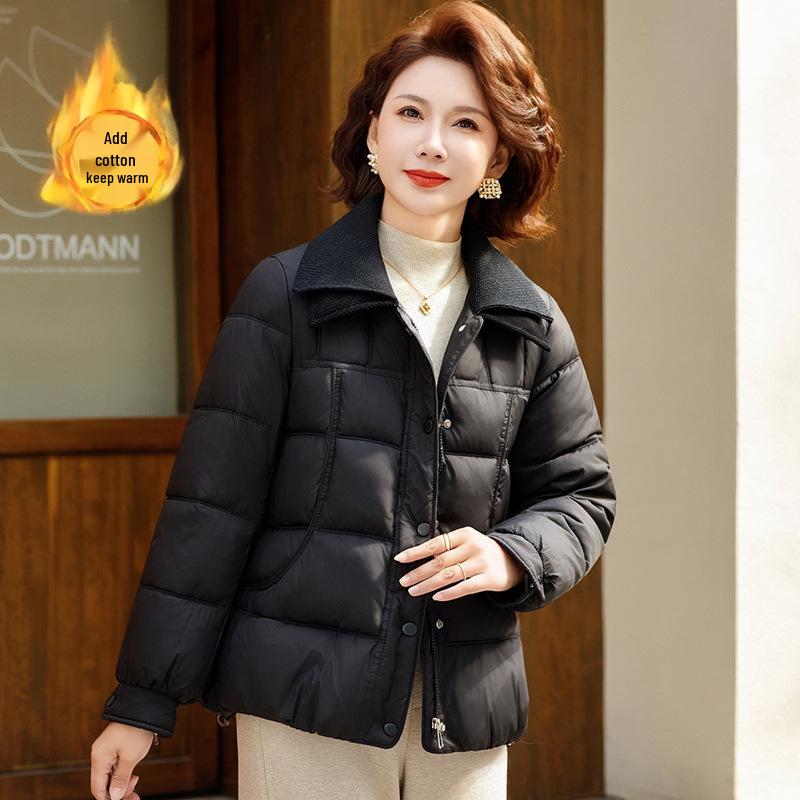 Warm Cotton Padded Jacket with Stylish Lapel for Middle-Aged and Elderly Women
