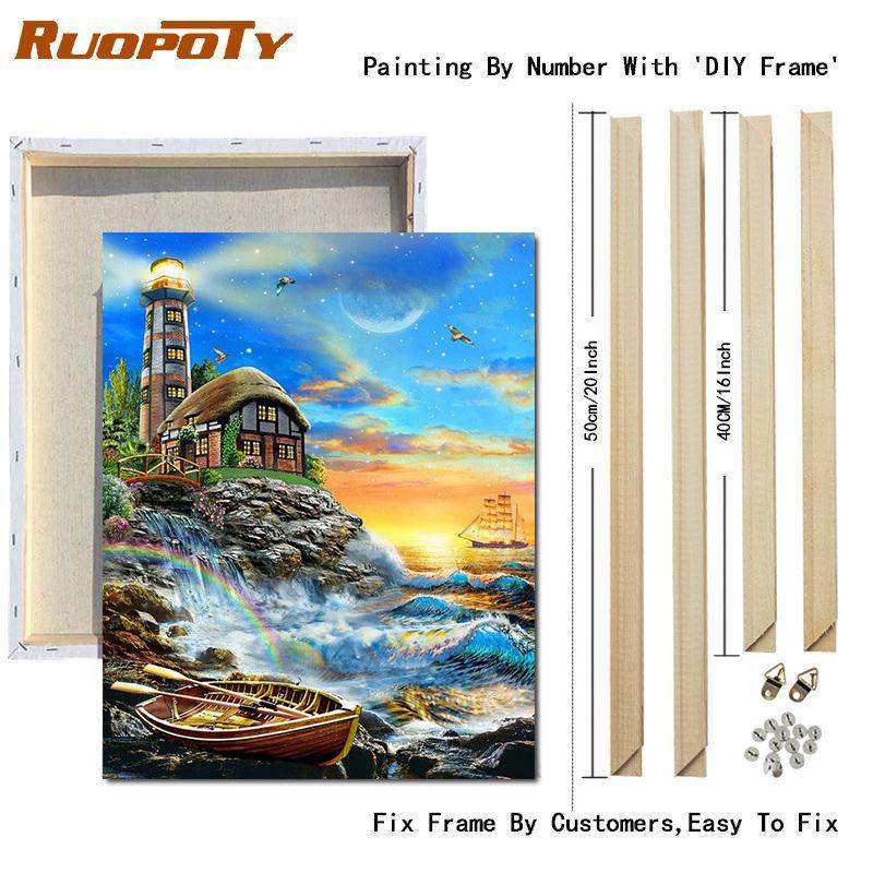 RUOPOTY Paint By Numbers Tower Landscape Wall Art Unique Gift Acrylic Home Decor Hand Painted Coloring Seaside For Living Room