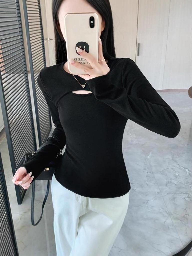 Damen-Langarm-Basisshirt mit Aussparungen, Herbst/Winter 2025, Unifarben, Trendiger Hot Girl Style, Perfekt zum Schichten oder solo Tragen.