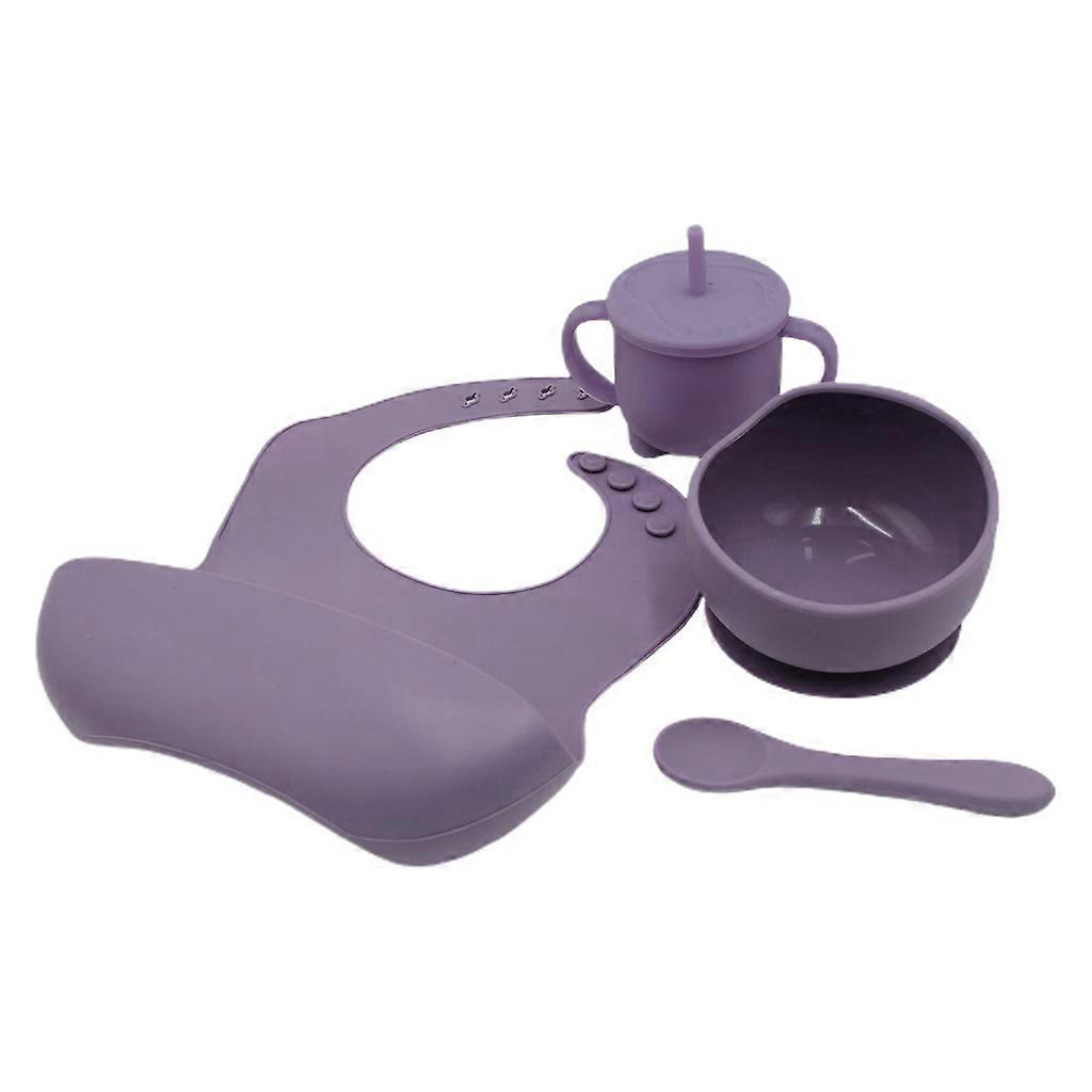 4 Pcs Baby Silicone Bibs Sucker Bowl Spoon Straw Cup Set Training Feeding Food Utensil Dishes Tableware Kit for Newborn Purple