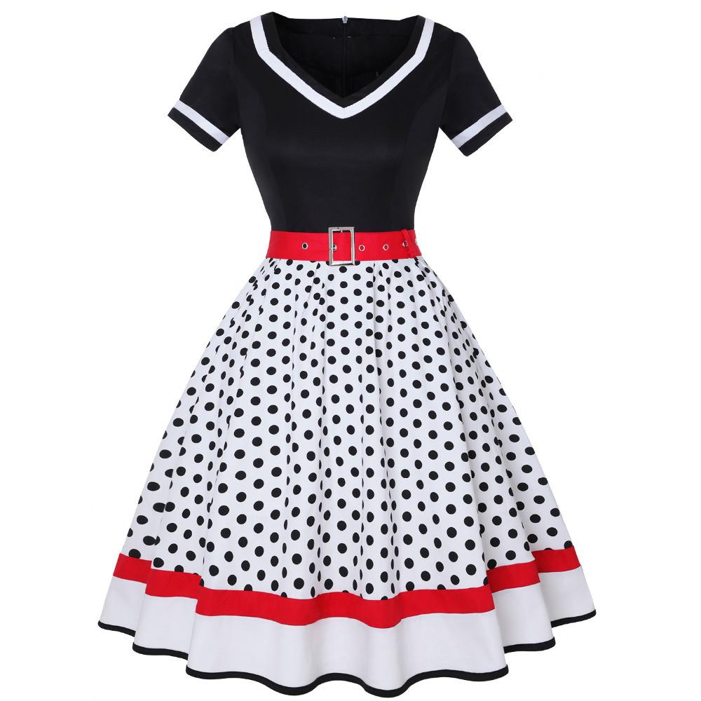 Retro Hepburn Stil Gepunktetes Baumwollkleid mit V-Ausschnitt und breitem Saum