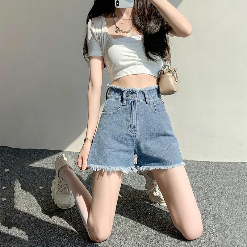 Casual Wide Leg Denim Shorts for Women Summer High Waisted Everything for Small Men with Thin Raw Edge A-line