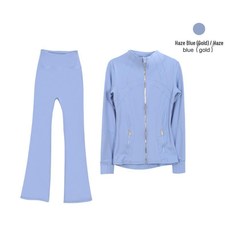 In Stock: Women's Gold Jacket & Flare Pants - High Stretch, Slimming Sports Yoga Set