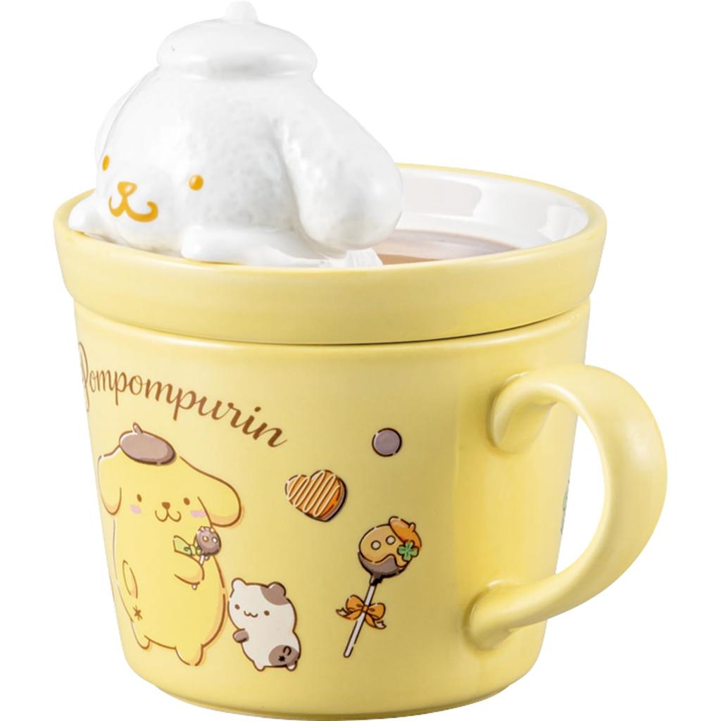 San Art Sanrio Pom Pom Purin Insulated with 12 x 13 230 Latte Art Birthday Mug, Lid, Approx. cm, mL, Mug, Merchandise, Gift, Yellow, SAN4551-5