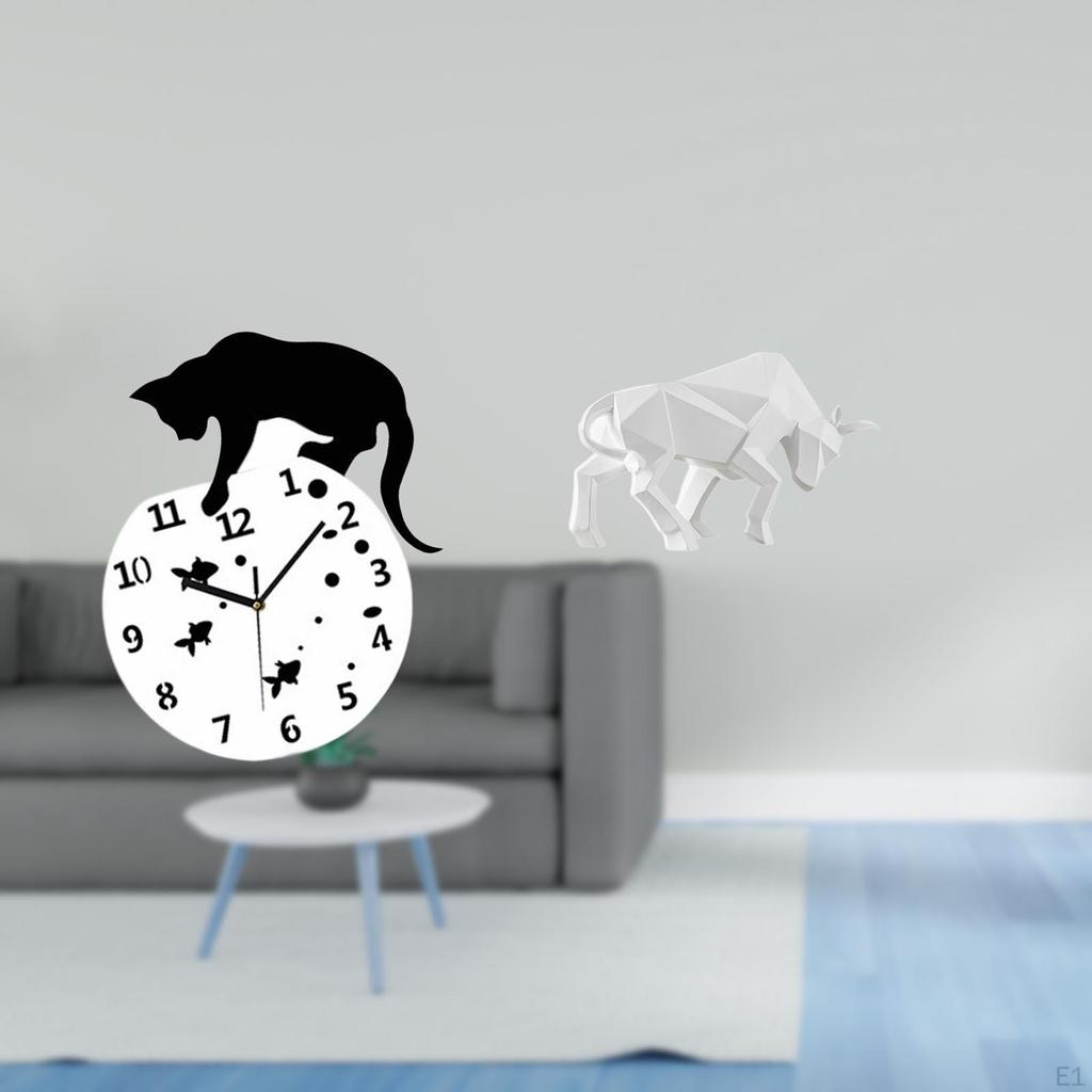 Silent Hanging Cat Clock with Quiet Movement And Bull Statue Ornament for Living Room Dining