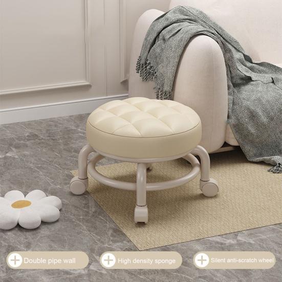 Low Height Rolling Stool with 360 Degrees Wheels Faux Leather Sponge Filled Cushion Modern Home