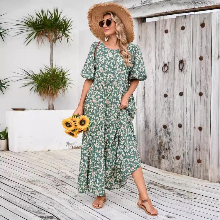 Vestido Casual de Verano para Mujer con Estampado Floral, Cintura Alta, Suelto, Cuello Redondo, Talla Grande, Largo hasta el Tobillo, Manga Larga, Vestido de Primavera