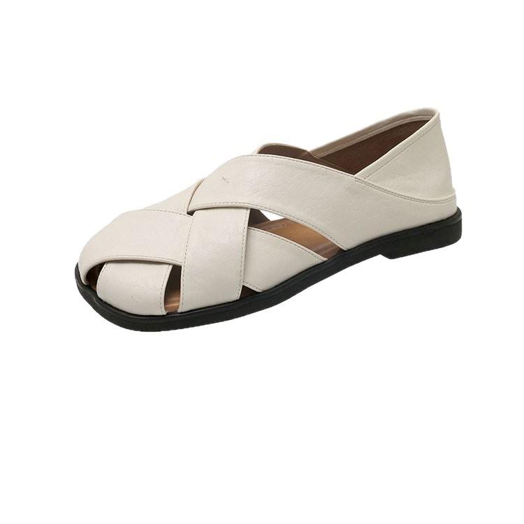 Leather Square Head Sandals Women's 2025 Summer New Hollow Retro Woven Fashion Versatile Two Wear Platform Roman Shoes