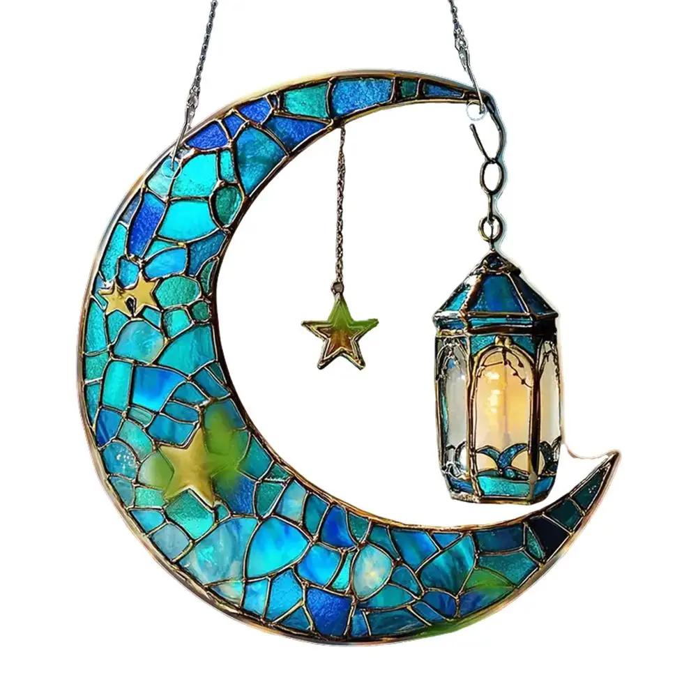 1PCS Retro Colored Disc Hanging Decoration 2D Acrylic Pendant Stained Window And Ornament Moon Hanging Sun Suncatcher W2R2