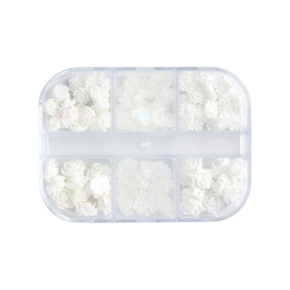 Boxed Set of 90 Camellia Resin Rhinestones for Nail Art - Iridescent 3D Flower Decorations In Various Sizes.