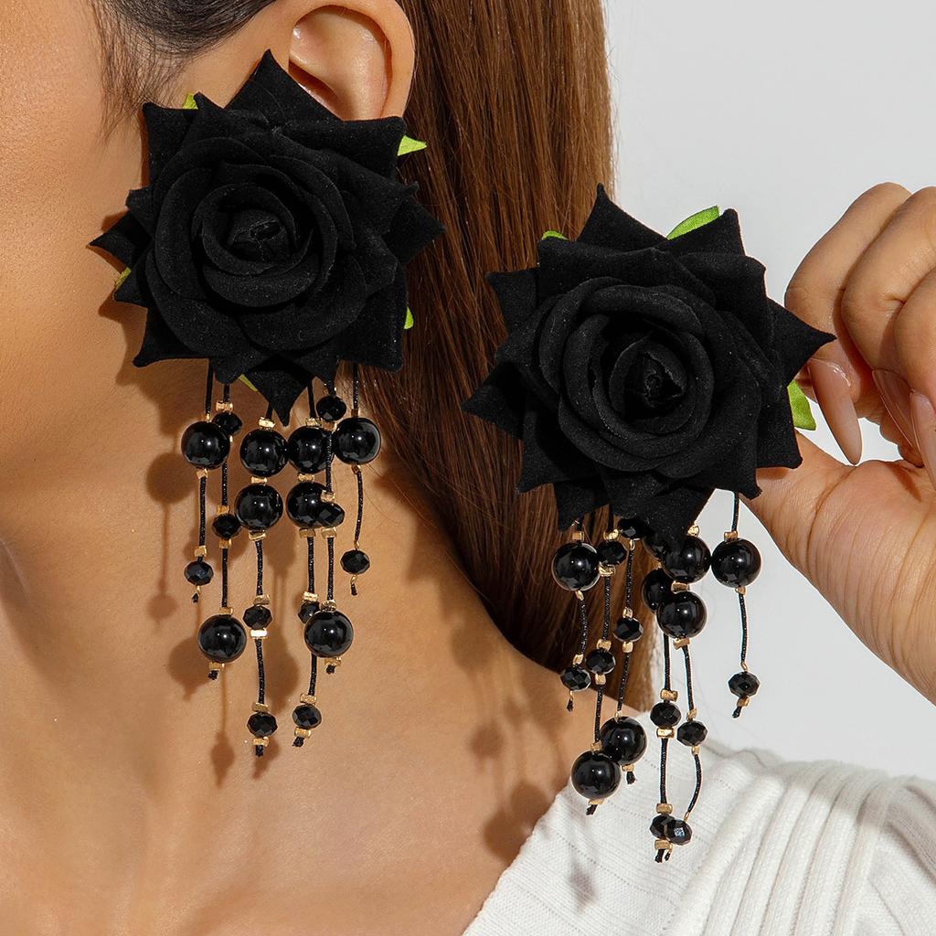 Accessories, colorful three-dimensional rose flower earrings, long fringed flower earrings with fresh fabrics