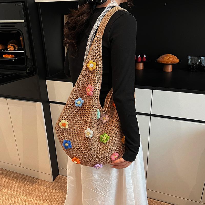 Yogodlns Summer Commuting Woven Bag for Women Single Armpit Bag, Fashion Large Capacity Tote Bag, Beach Floral Hollow Handbag Shoulder Bag