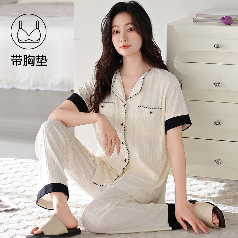 Pajamas with chest pads women's summer thin cotton short-sleeved trousers large size casual relaxation cardigan loungewear set