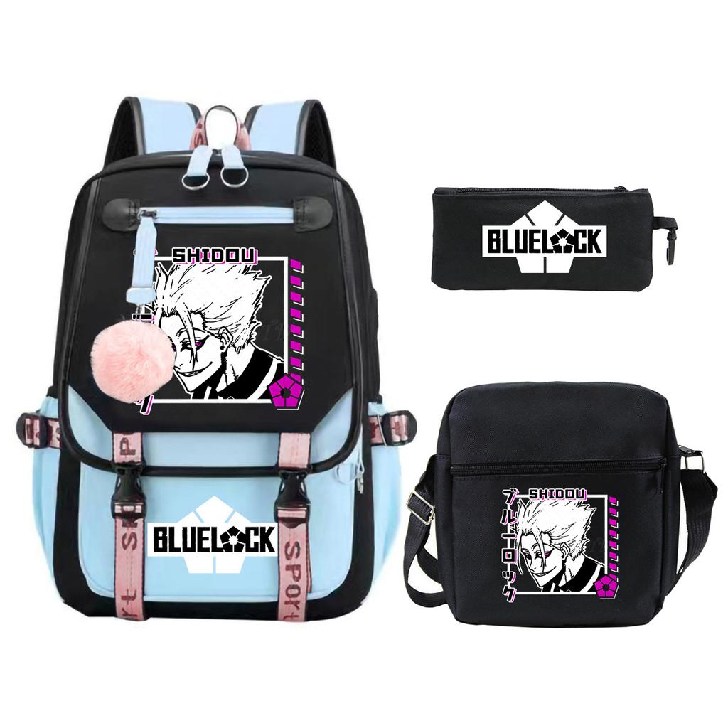 Blue Prison Student School Bag Large Capacity Children'S Shoulder Bag Casual Pencil Bag Set