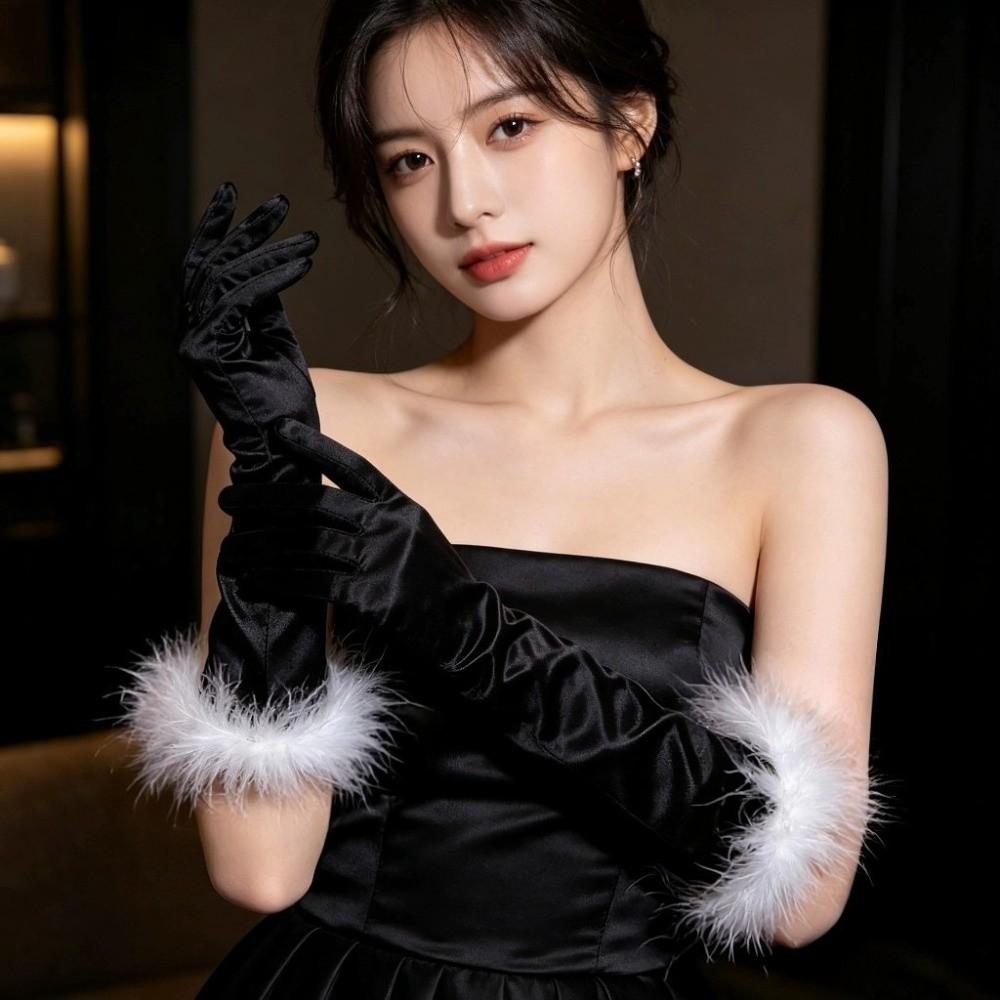 Elbow Length Satin Long Gloves Feather Trim Elbow Length Gloves Feather Trim Gloves Cosplay
