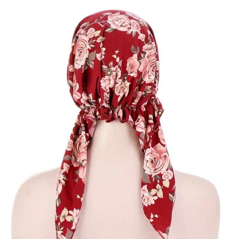 New Muslim Women Soft Turban Hat Headbands Pre-Tied Head Scarf Printed Ladiess Cotton Chemo Cap Inner Hijabs Hair Accessories